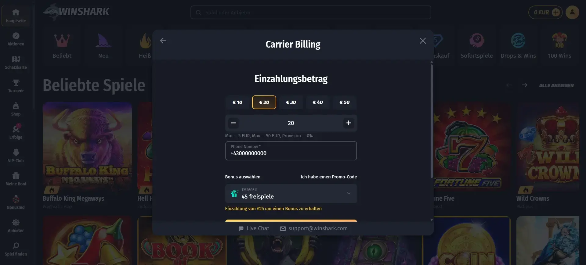 Einzahlung bei Magenta Casinos im WinShark