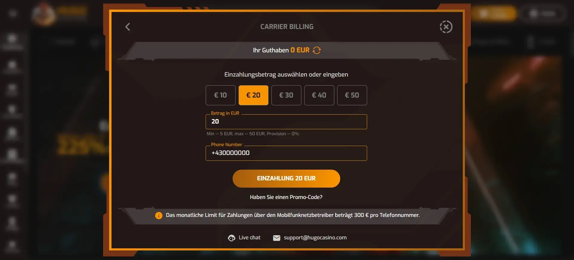 Magenta Mobilfunkzahlung im Hugo Casino